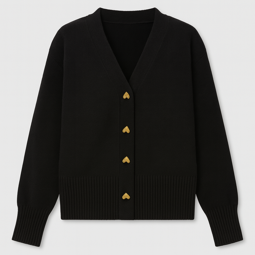 V-neck cardigan with ribbed hem and cuffs, front closure featuring heart-shaped buttons, designed for casual layering wear