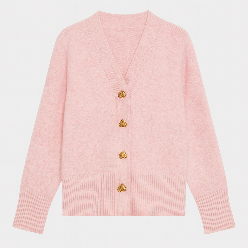 V-neck cardigan with ribbed hem and cuffs, front closure featuring heart-shaped buttons, designed for casual layering wear