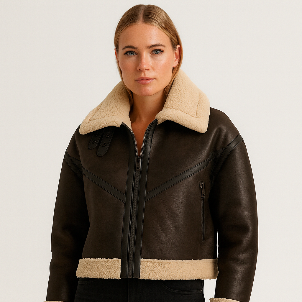Dark brown faux leather aviator jacket with cream shearling lining, buckle collar, and belted hem, styled casually with jeans and a white tee.