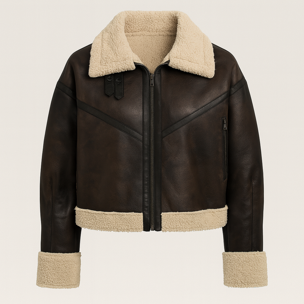 Dark brown faux leather aviator jacket with cream shearling lining, buckle collar, and belted hem, styled casually with jeans and a white tee.