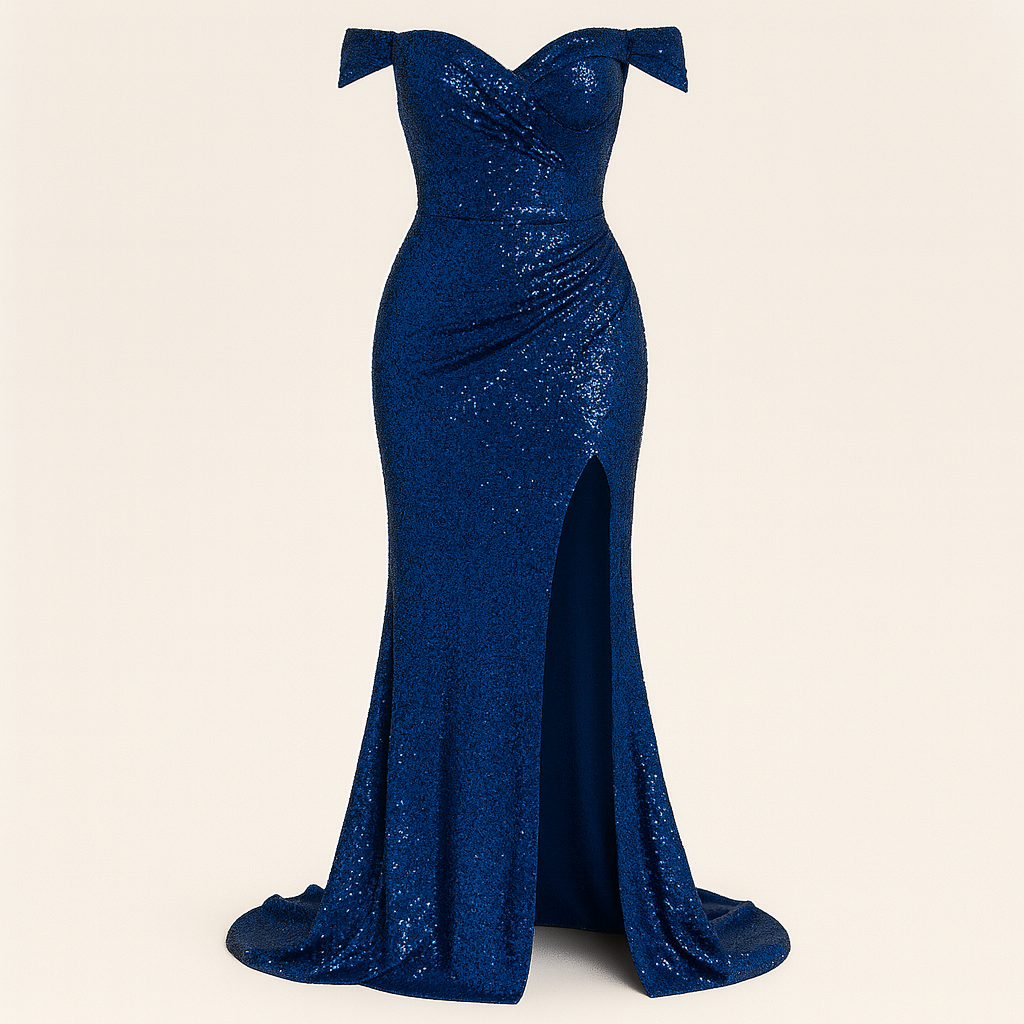 Sequin gown with off-shoulder neckline, fitted silhouette, and thigh-high slit, styled for formal evening occasions