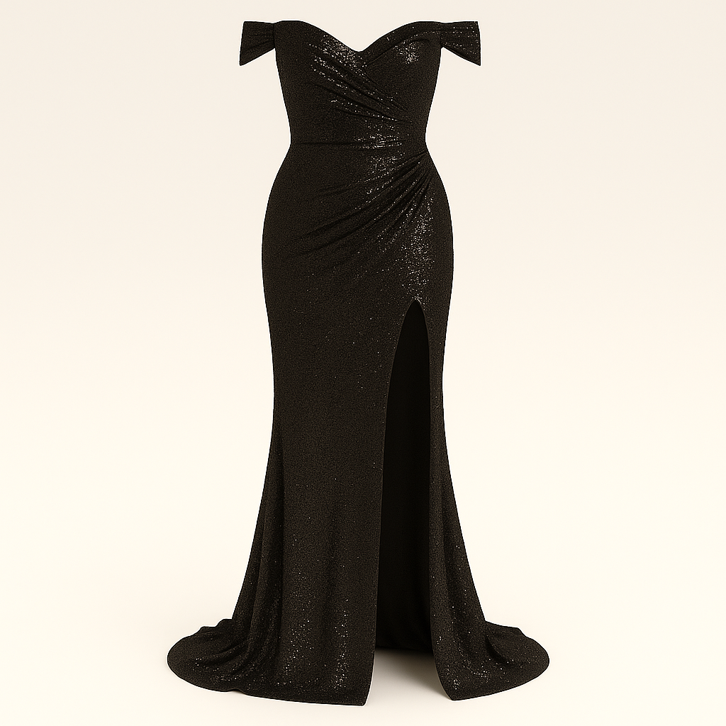 Sequin gown with off-shoulder neckline, fitted silhouette, and thigh-high slit, styled for formal evening occasions