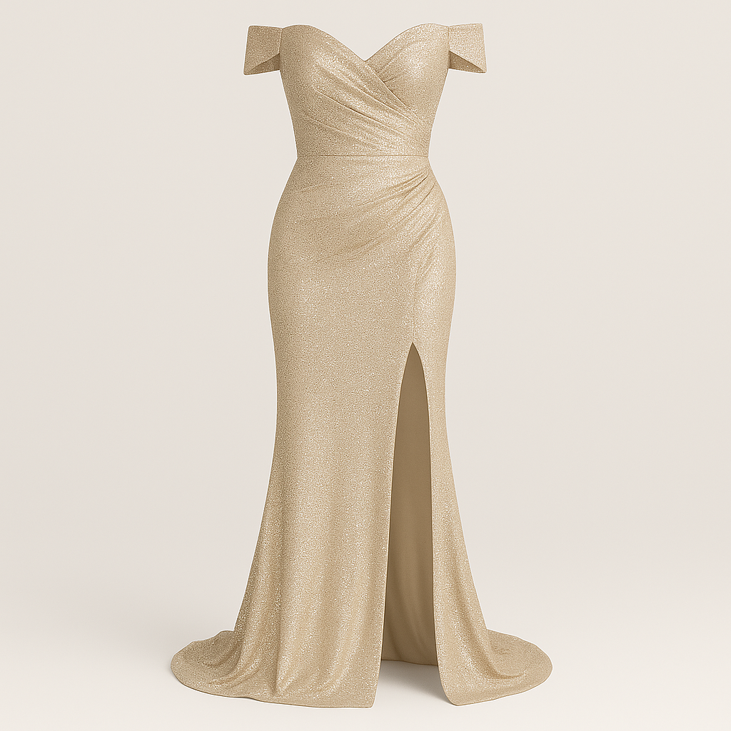 Sequin gown with off-shoulder neckline, fitted silhouette, and thigh-high slit, styled for formal evening occasions