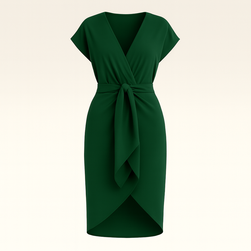 Wrap dress with deep V-neckline, waist tie detail, cap sleeves, and tulip hem, styled for versatile day-to-night wear