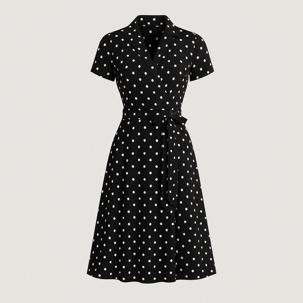 Midi dress with notched collar, wrap-style bodice, waist tie, and A-line silhouette, designed for versatile day-to-night wear