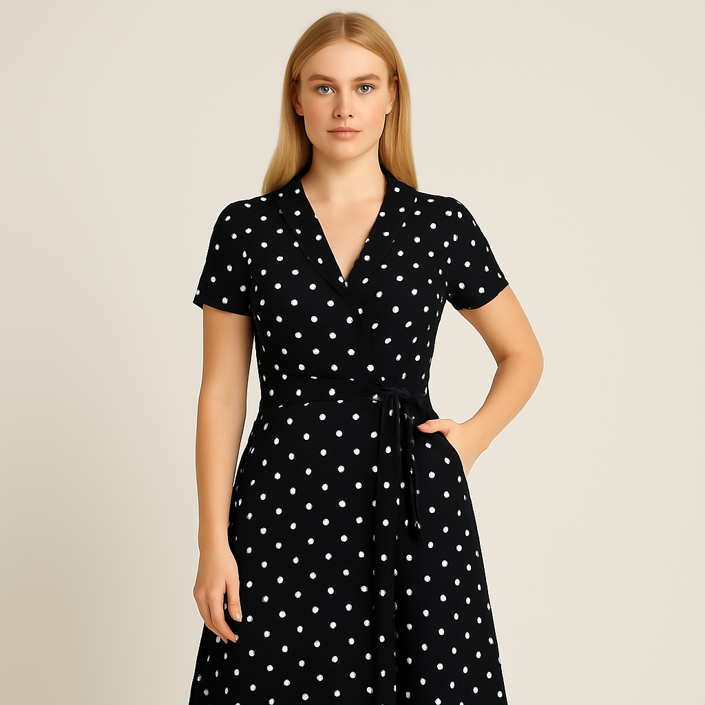 Midi dress with notched collar, wrap-style bodice, waist tie, and A-line silhouette, designed for versatile day-to-night wear