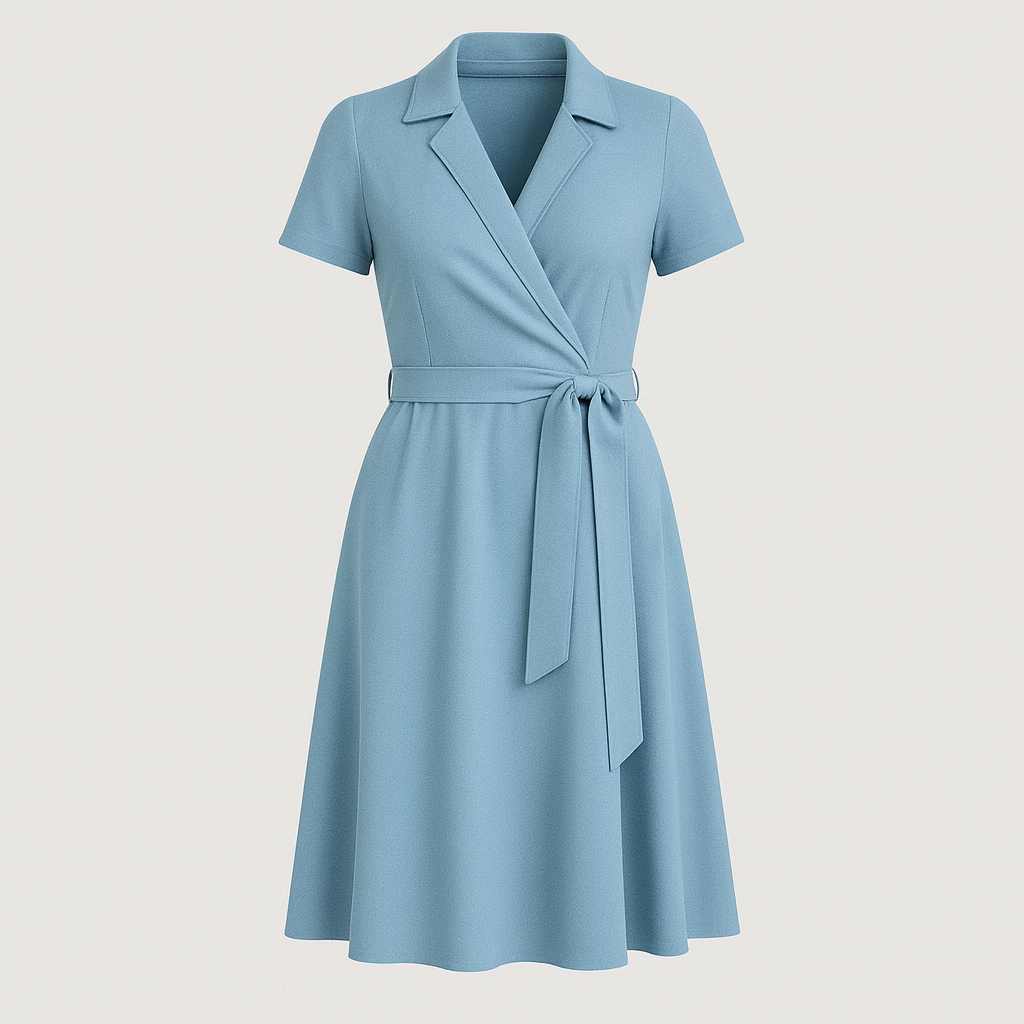 Midi dress with notched collar, wrap-style bodice, waist tie, and A-line silhouette, designed for versatile day-to-night wear