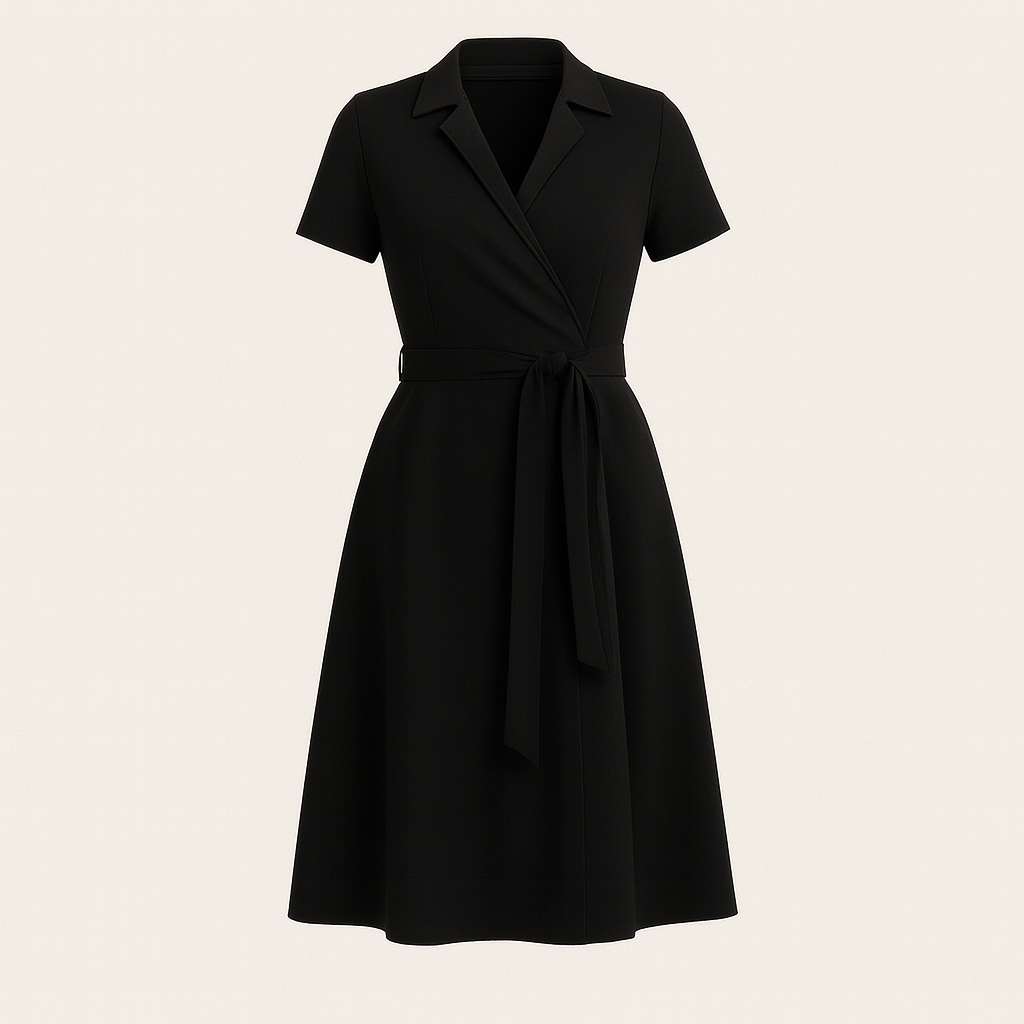Midi dress with notched collar, wrap-style bodice, waist tie, and A-line silhouette, designed for versatile day-to-night wear