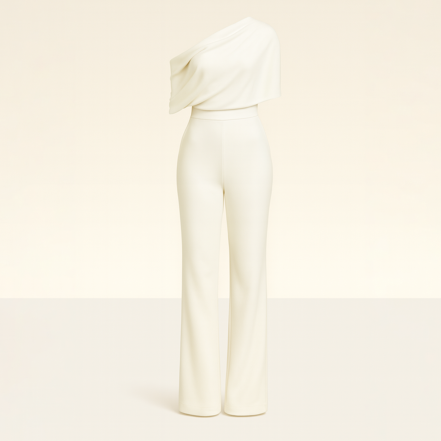 One-shoulder jumpsuit with asymmetric neckline, tailored waist, and wide-leg fit, styled for modern elegance