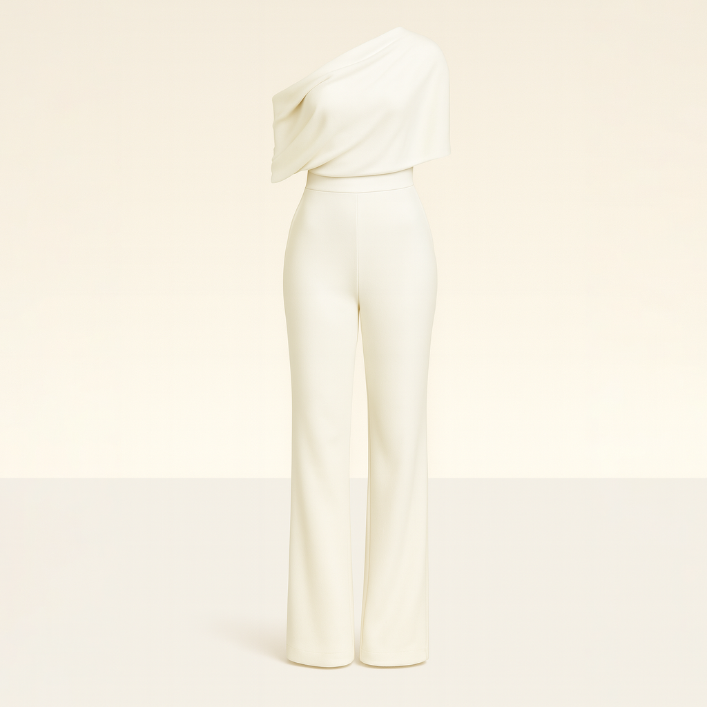 One-shoulder jumpsuit with asymmetric neckline, tailored waist, and wide-leg fit, styled for modern elegance