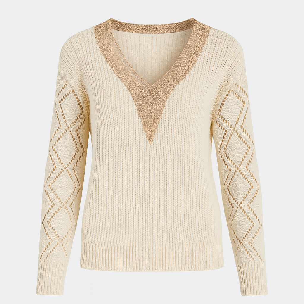 Knit sweater with deep V-neckline, ribbed texture, and long sleeves featuring diamond-pattern openwork design