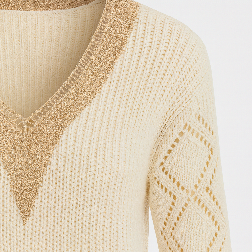 Knit sweater with deep V-neckline, ribbed texture, and long sleeves featuring diamond-pattern openwork design