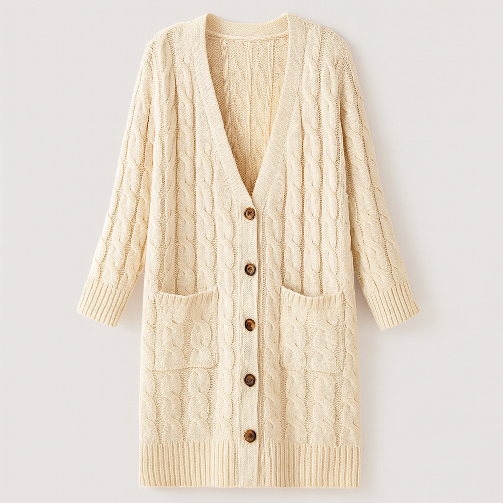 Long cable-knit cardigan with button-front closure, ribbed cuffs and hem, and front patch pockets, designed for cozy layering