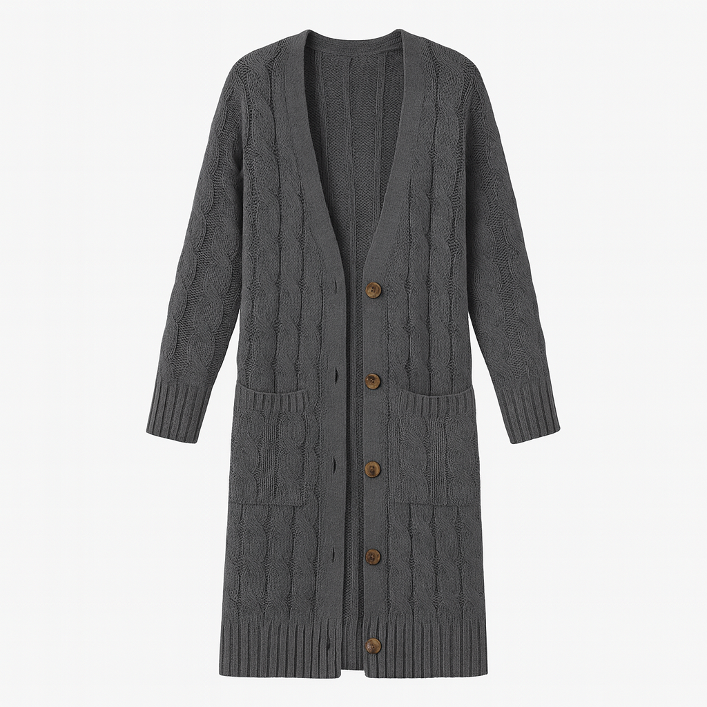 Long cable-knit cardigan with button-front closure, ribbed cuffs and hem, and front patch pockets, designed for cozy layering