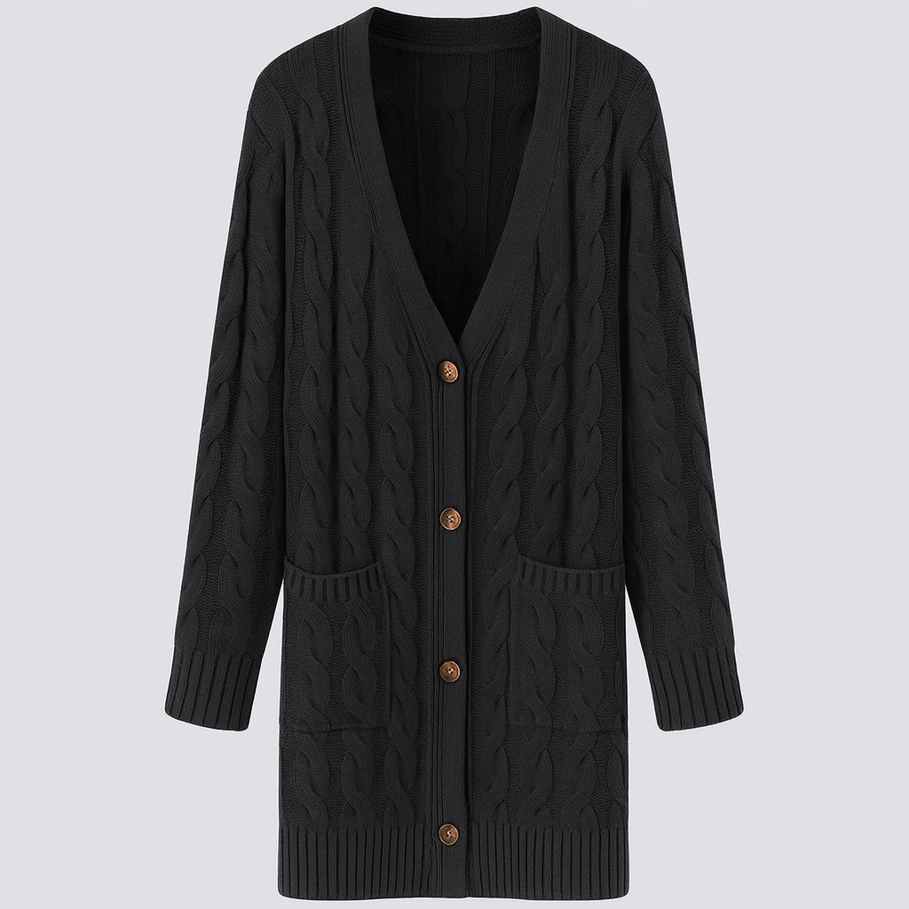Long cable-knit cardigan with button-front closure, ribbed cuffs and hem, and front patch pockets, designed for cozy layering