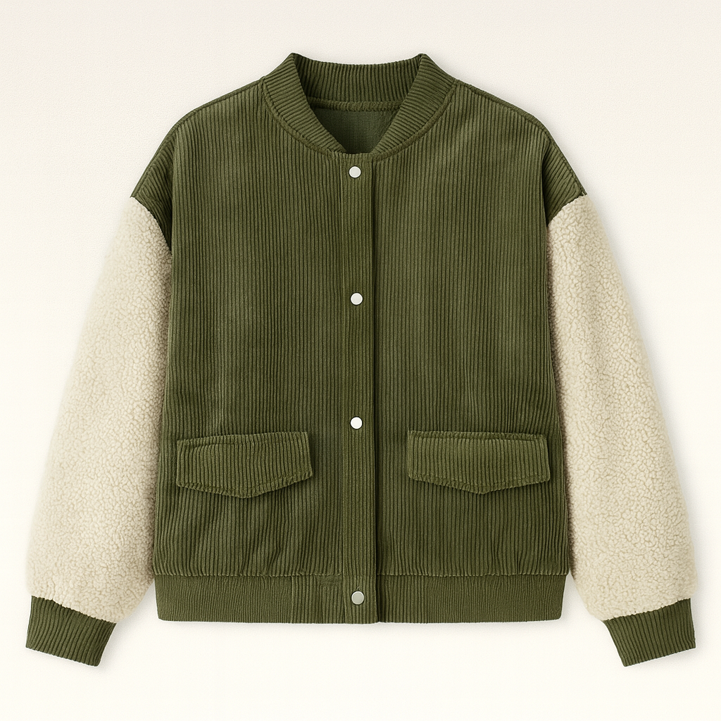 Green corduroy jacket with cream sherpa sleeves, ribbed cuffs, and relaxed fit, styled casually with jeans and layered bracelets.