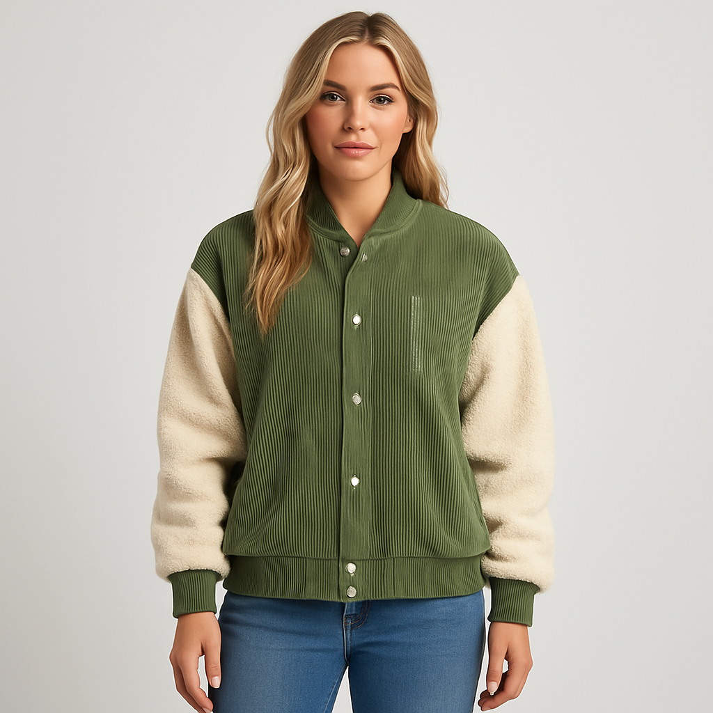 Green corduroy jacket with cream sherpa sleeves, ribbed cuffs, and relaxed fit, styled casually with jeans and layered bracelets.
