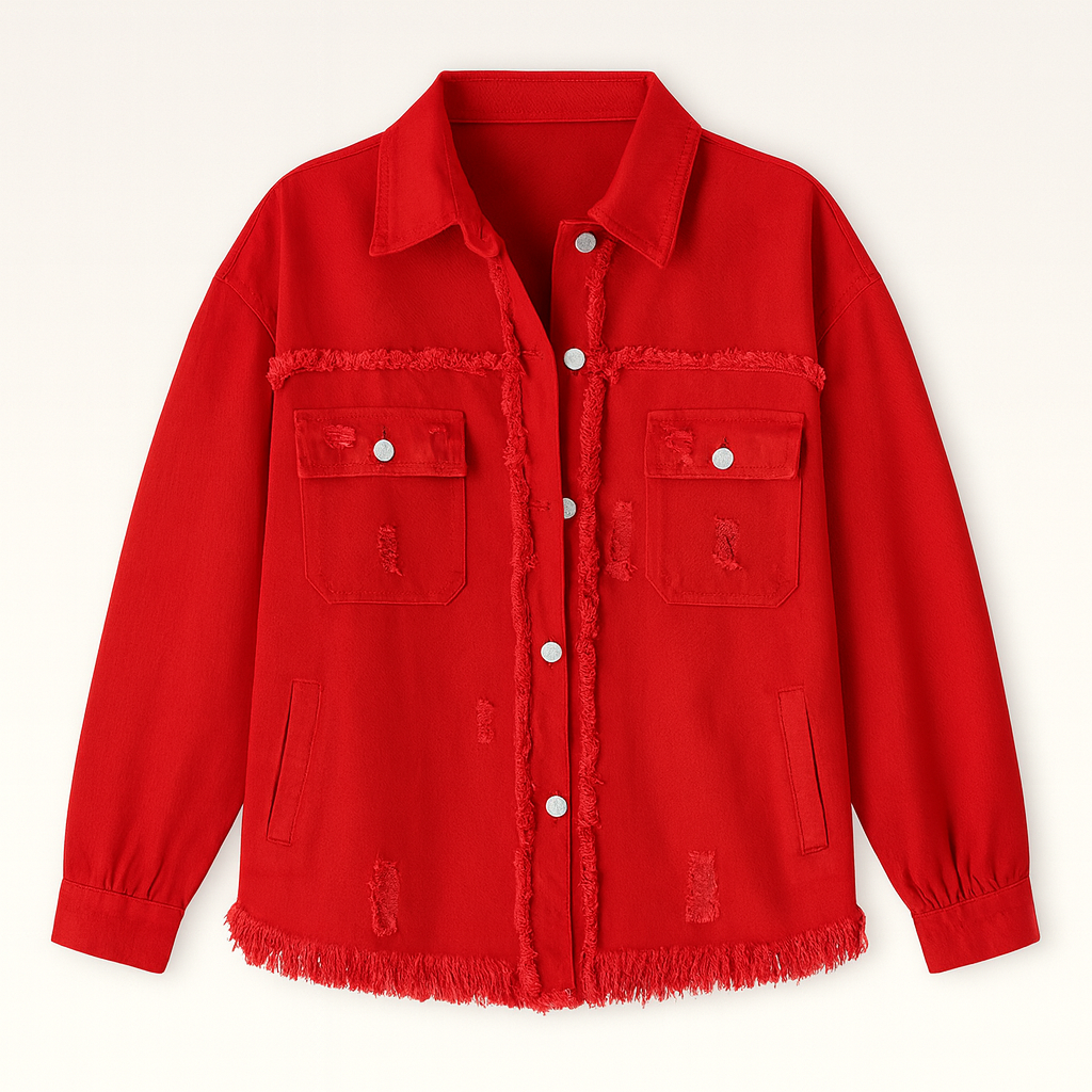 Red distressed denim jacket with fringe hem and oversized fit, styled casually with a black crop top and jeans.