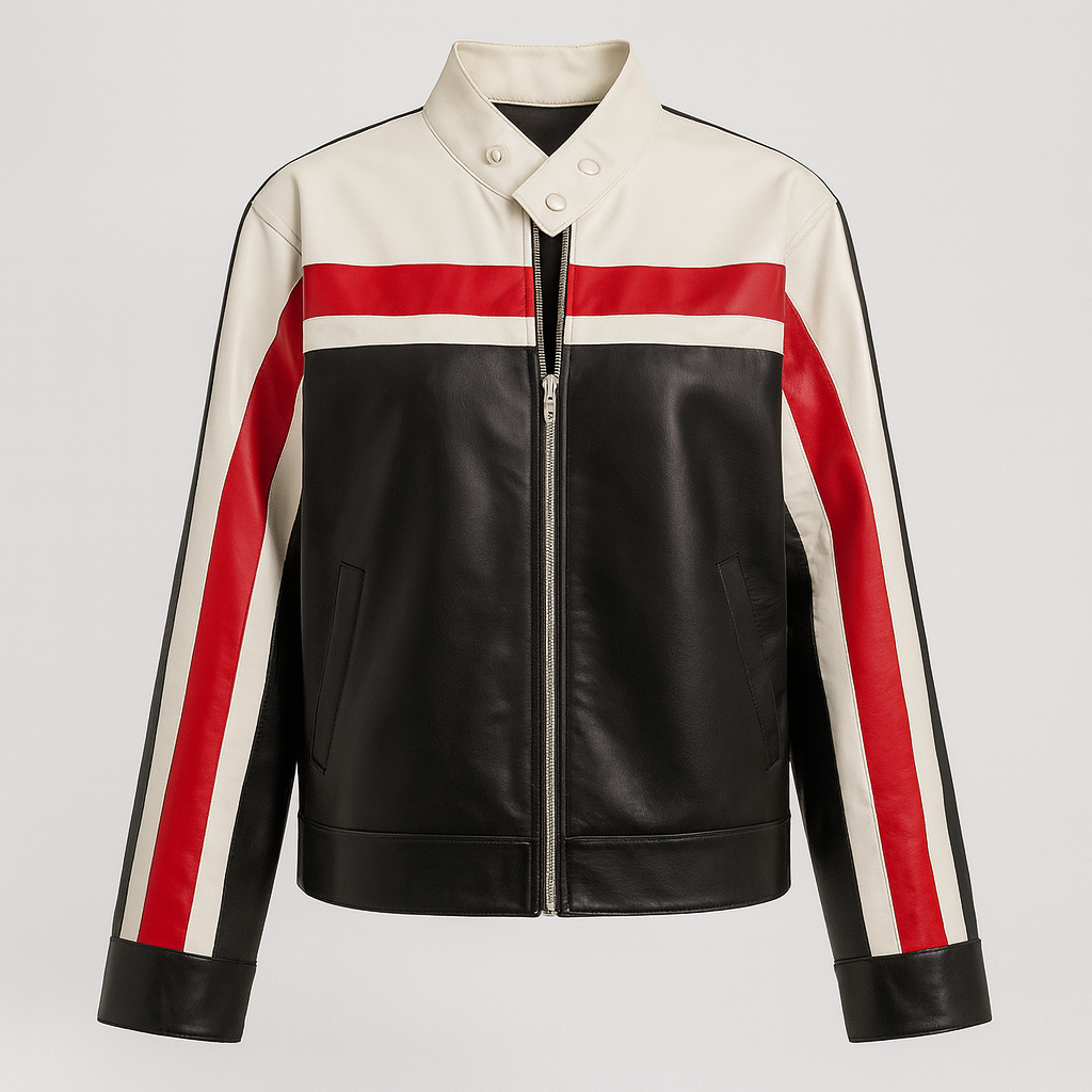 Black, white, and red color-block faux leather moto jacket with high snap collar, styled casually with jeans and a crop top.