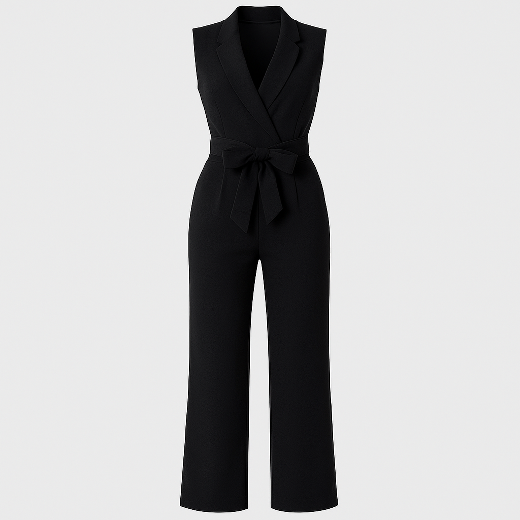 A sleeveless jumpsuit with a deep V-neckline and shawl collar, featuring a wrap-style bodice and a wide fabric belt tied in a bow at the waist. The pants have a straight, tailored fit for a sleek, elegant look.