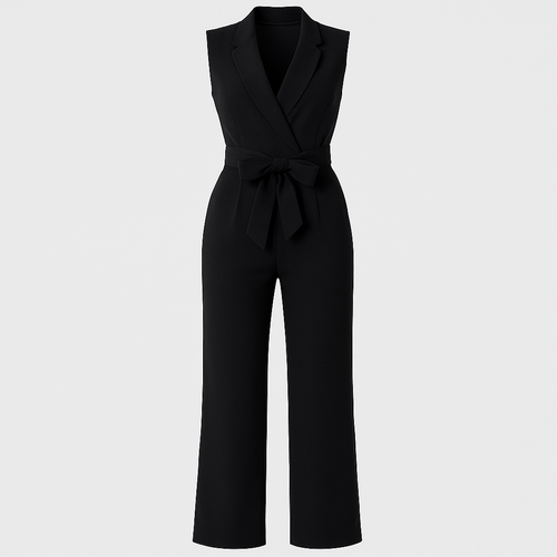 A sleeveless jumpsuit with a deep V-neckline and shawl collar, featuring a wrap-style bodice and a wide fabric belt tied in a bow at the waist. The pants have a straight, tailored fit for a sleek, elegant look.