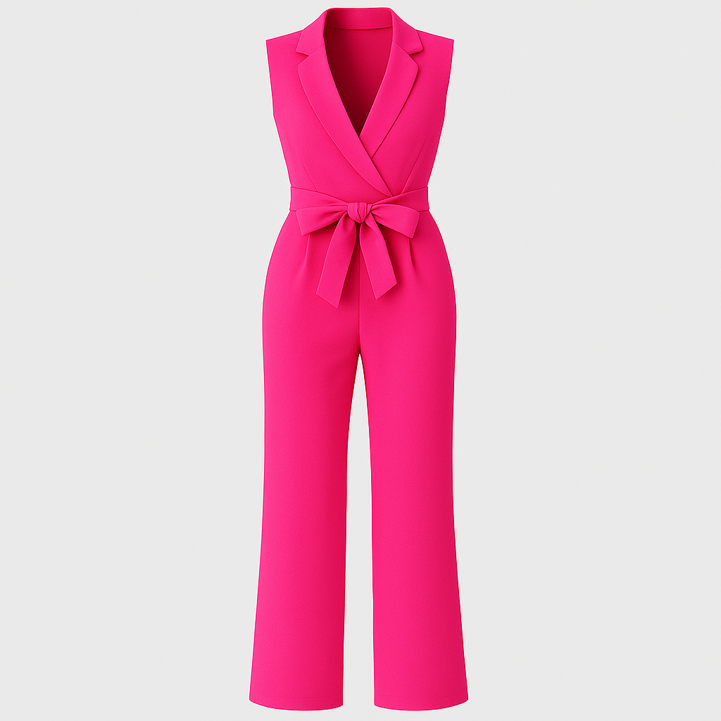 A sleeveless jumpsuit with a deep V-neckline and shawl collar, featuring a wrap-style bodice and a wide fabric belt tied in a bow at the waist. The pants have a straight, tailored fit for a sleek, elegant look.