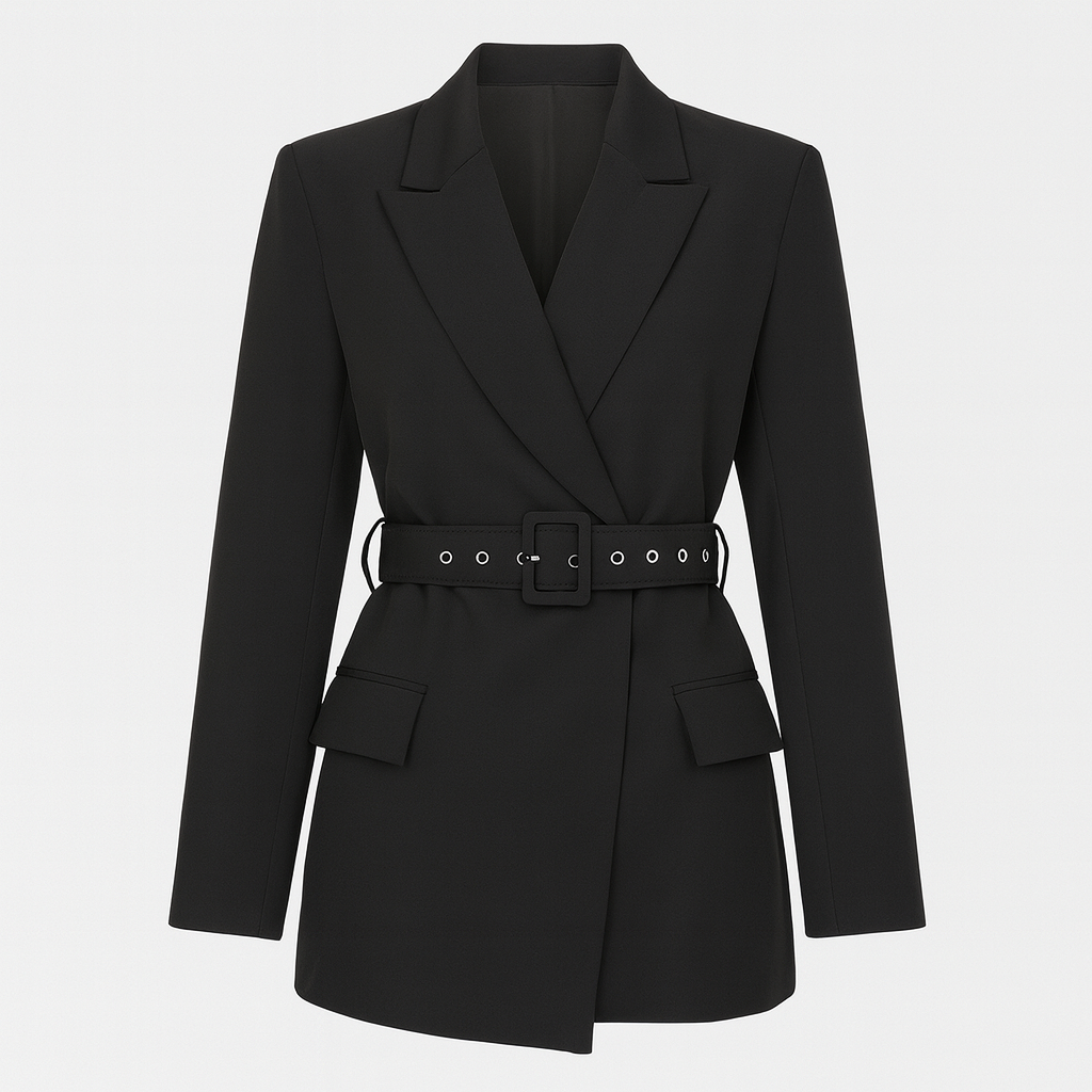 A tailored blazer dress with long sleeves, a belted waist, notched lapel neckline, and flap pockets.