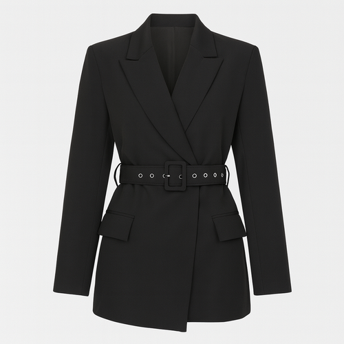 A tailored blazer dress with long sleeves, a belted waist, notched lapel neckline, and flap pockets.