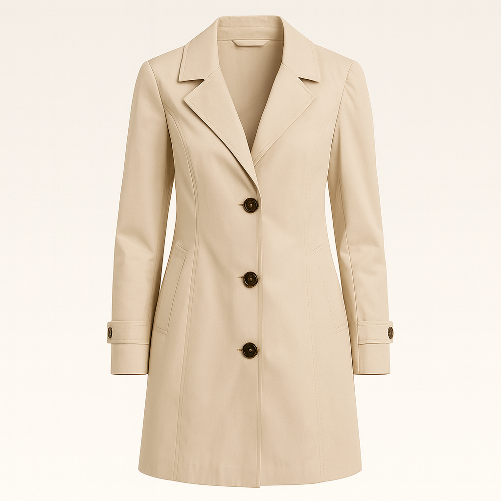 Trench coat with notched lapel collar, button-front closure, and tailored fit, styled with a minimal base layer