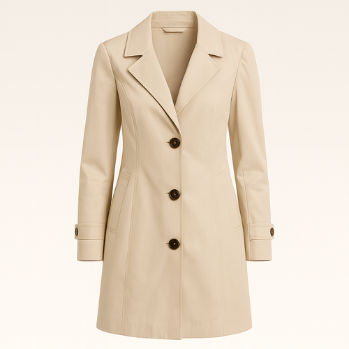 Trench coat with notched lapel collar, button-front closure, and tailored fit, styled with a minimal base layer