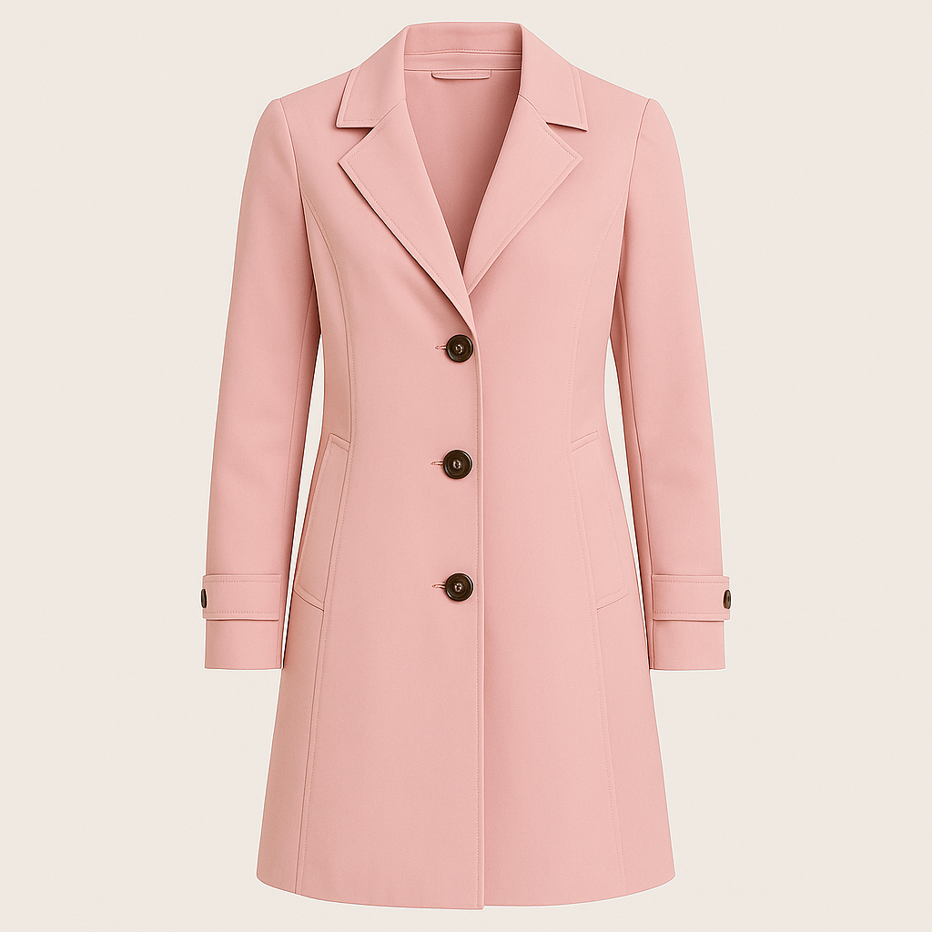 Trench coat with notched lapel collar, button-front closure, and tailored fit, styled with a minimal base layer