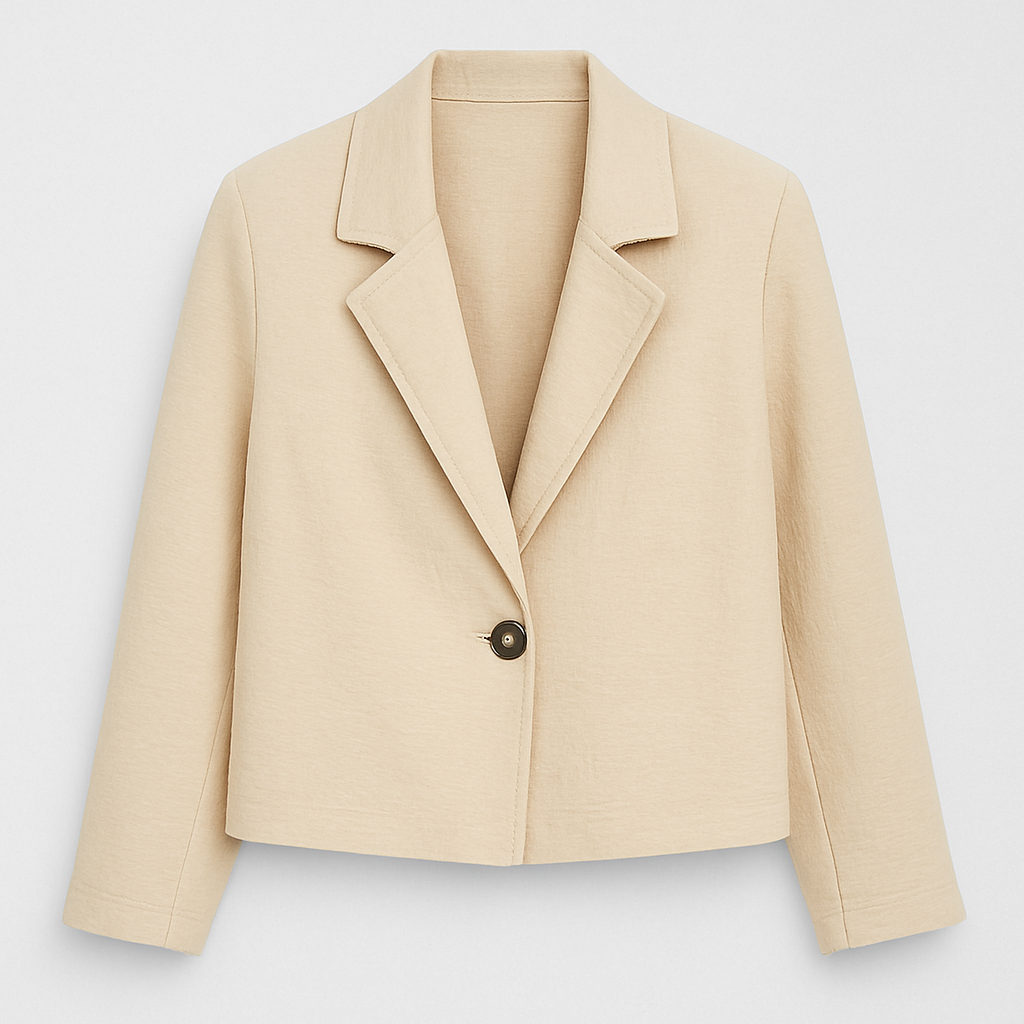 A cropped blazer with a relaxed silhouette, textured lightweight fabric, notched lapel, single-button closure, and long sleeves.