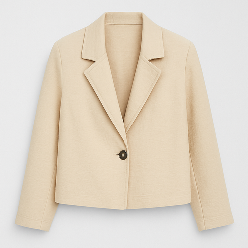 A cropped blazer with a relaxed silhouette, textured lightweight fabric, notched lapel, single-button closure, and long sleeves.