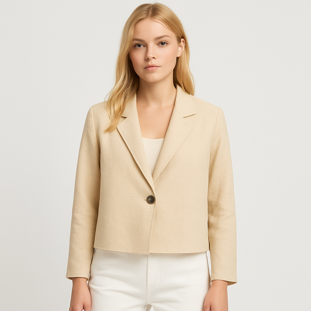 A cropped blazer with a relaxed silhouette, textured lightweight fabric, notched lapel, single-button closure, and long sleeves.
