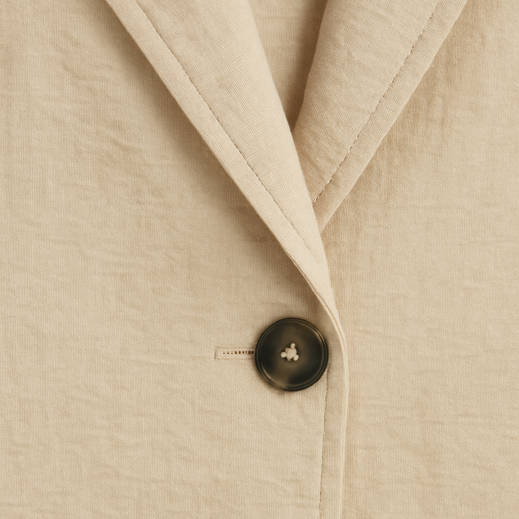 A cropped blazer with a relaxed silhouette, textured lightweight fabric, notched lapel, single-button closure, and long sleeves.