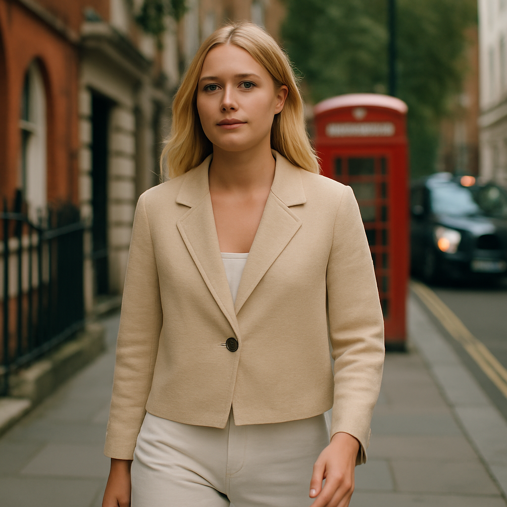 A cropped blazer with a relaxed silhouette, textured lightweight fabric, notched lapel, single-button closure, and long sleeves.