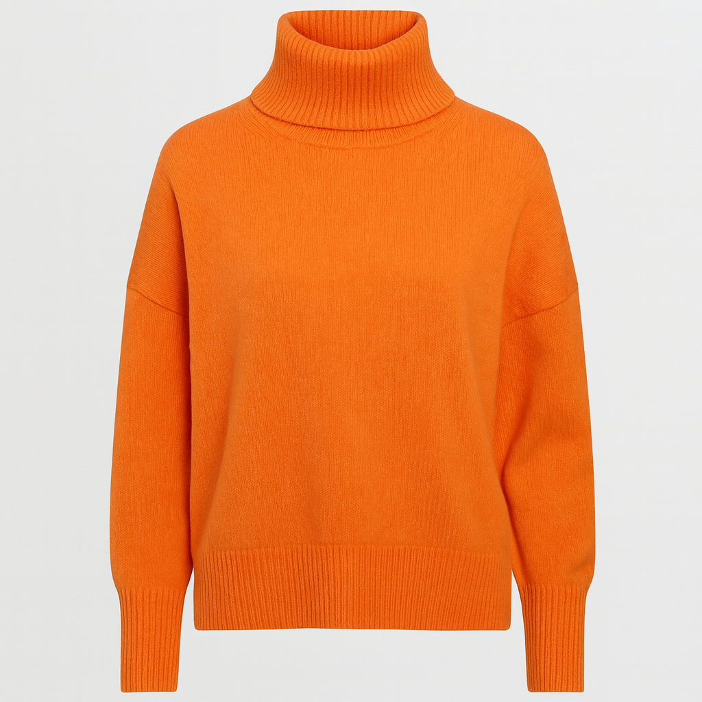An oversized turtleneck sweater with long sleeves, ribbed cuffs, hem, and a tall ribbed fold-over neckline.