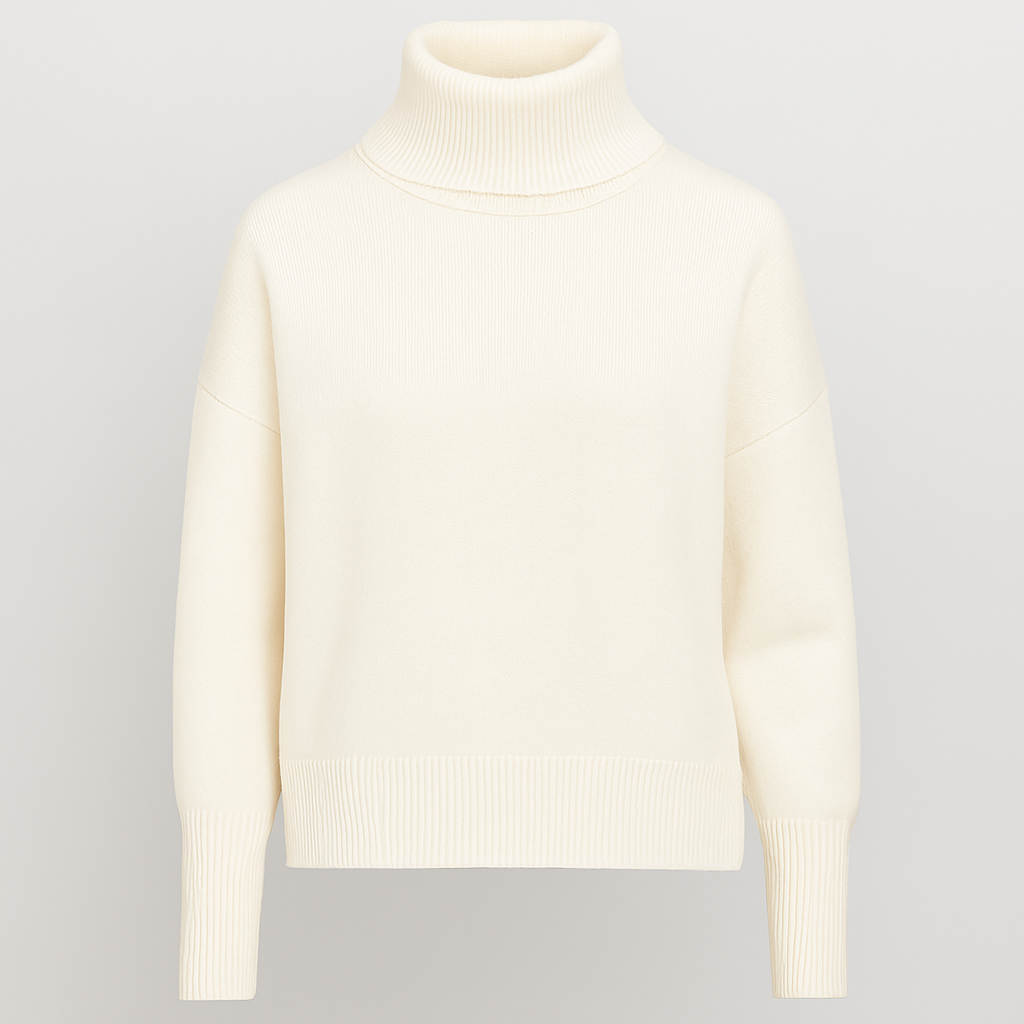 An oversized turtleneck sweater with long sleeves, ribbed cuffs, hem, and a tall ribbed fold-over neckline.