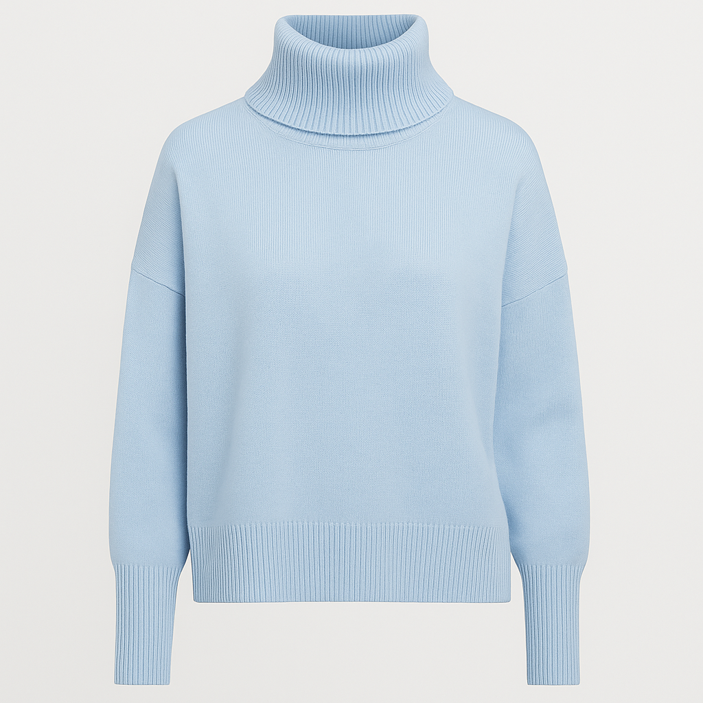 An oversized turtleneck sweater with long sleeves, ribbed cuffs, hem, and a tall ribbed fold-over neckline.