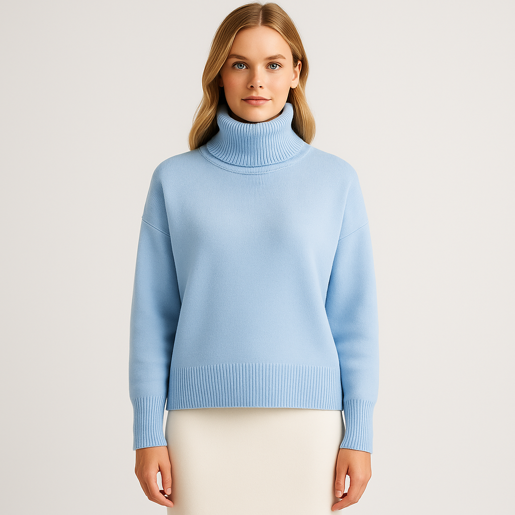 An oversized turtleneck sweater with long sleeves, ribbed cuffs, hem, and a tall ribbed fold-over neckline.