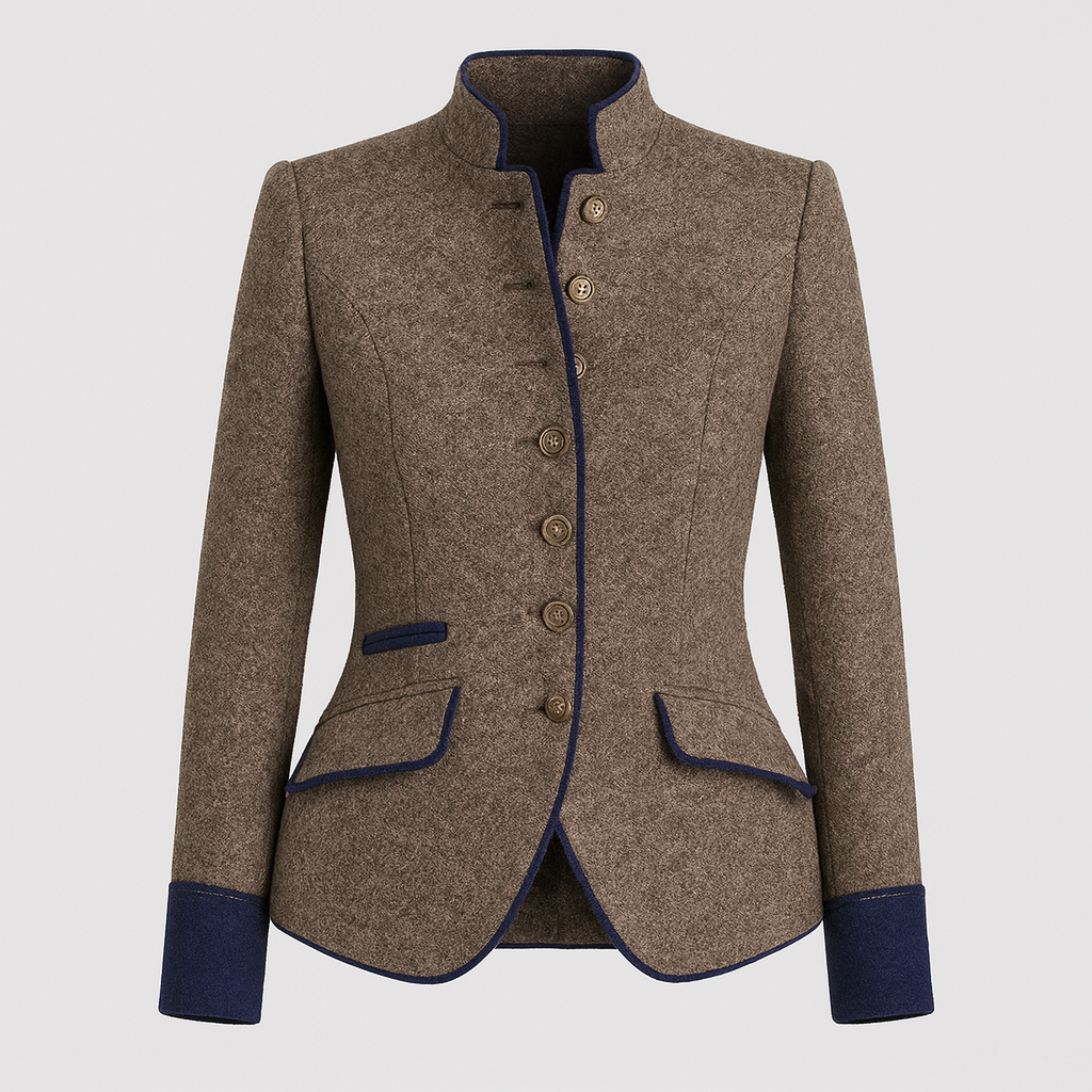 Wool blazer with stand collar and contrast trim, designed for polished professional and smart-casual wear