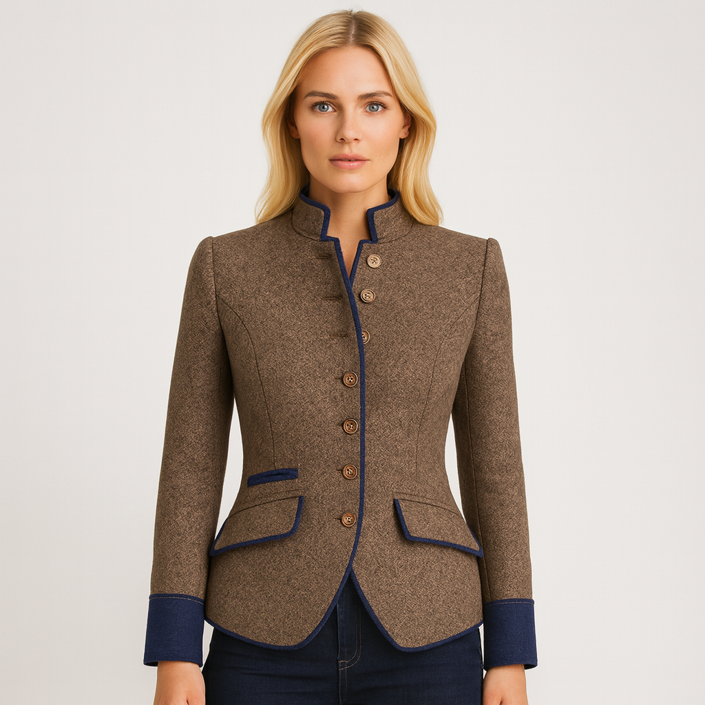 Wool blazer with stand collar and contrast trim, designed for polished professional and smart-casual wear