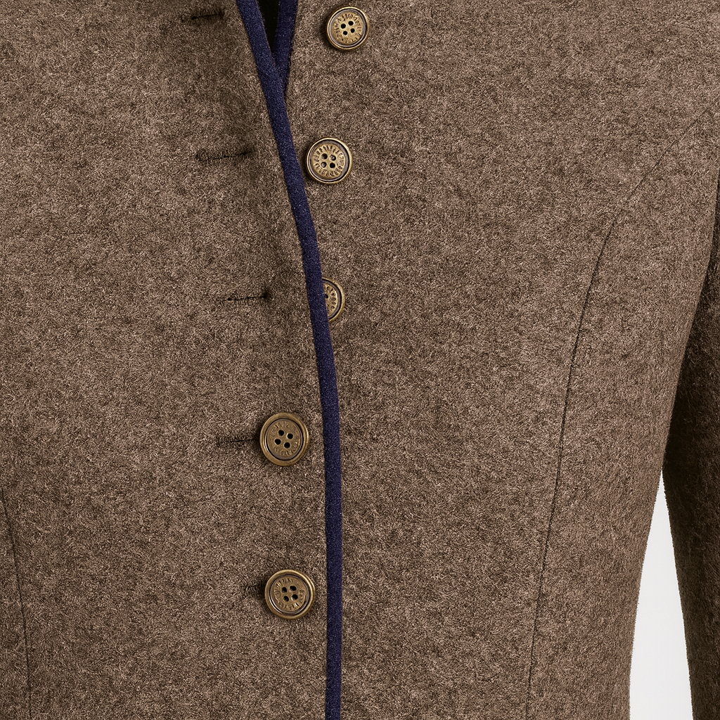 Wool blazer with stand collar and contrast trim, designed for polished professional and smart-casual wear
