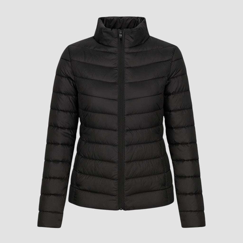 A lightweight quilted puffer jacket with a high stand collar, front zipper closure, and long sleeves.