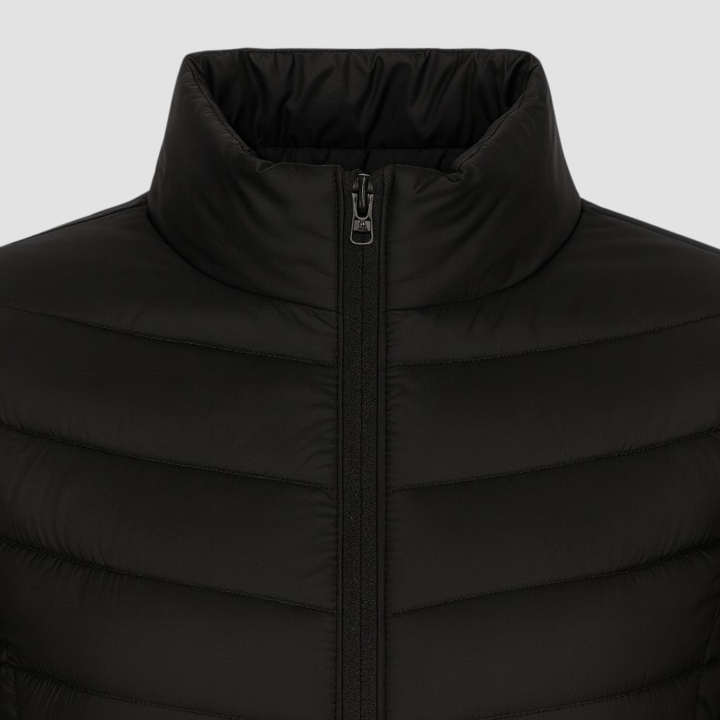 A lightweight quilted puffer jacket with a high stand collar, front zipper closure, and long sleeves.