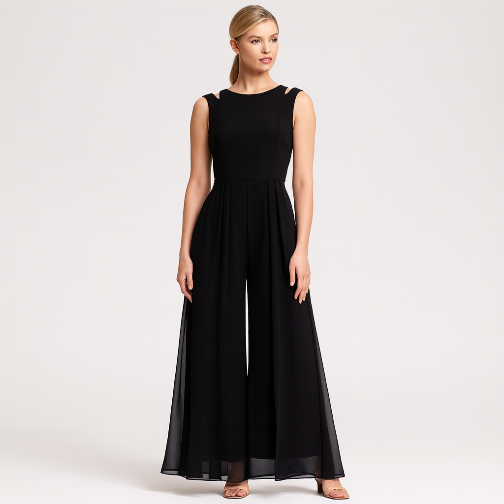 A sleeveless jumpsuit with a fitted bodice, wide shoulder straps, and wide-leg pants featuring a flowing chiffon overlay for an elegant look.