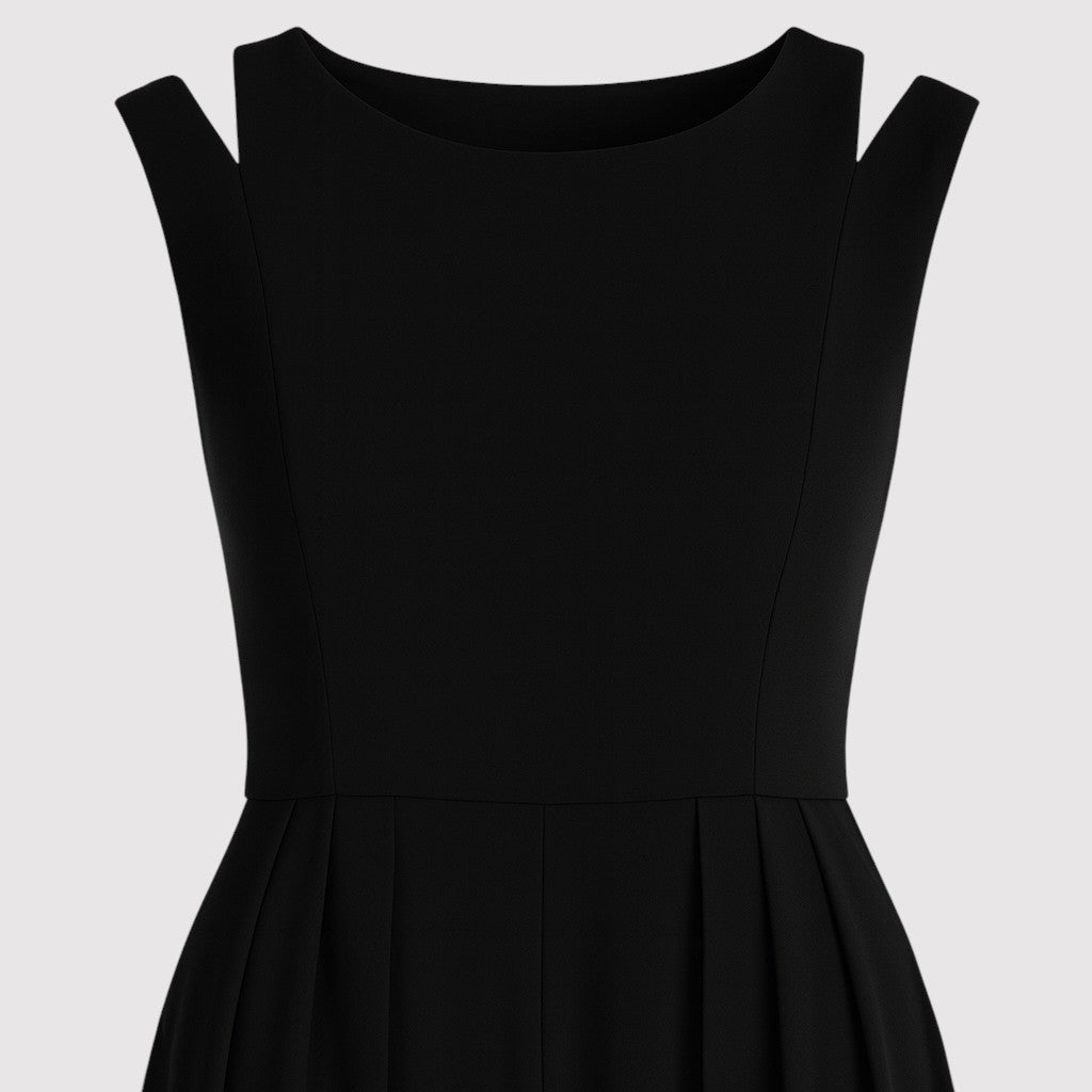 A sleeveless jumpsuit with a fitted bodice, wide shoulder straps, and wide-leg pants featuring a flowing chiffon overlay for an elegant look.