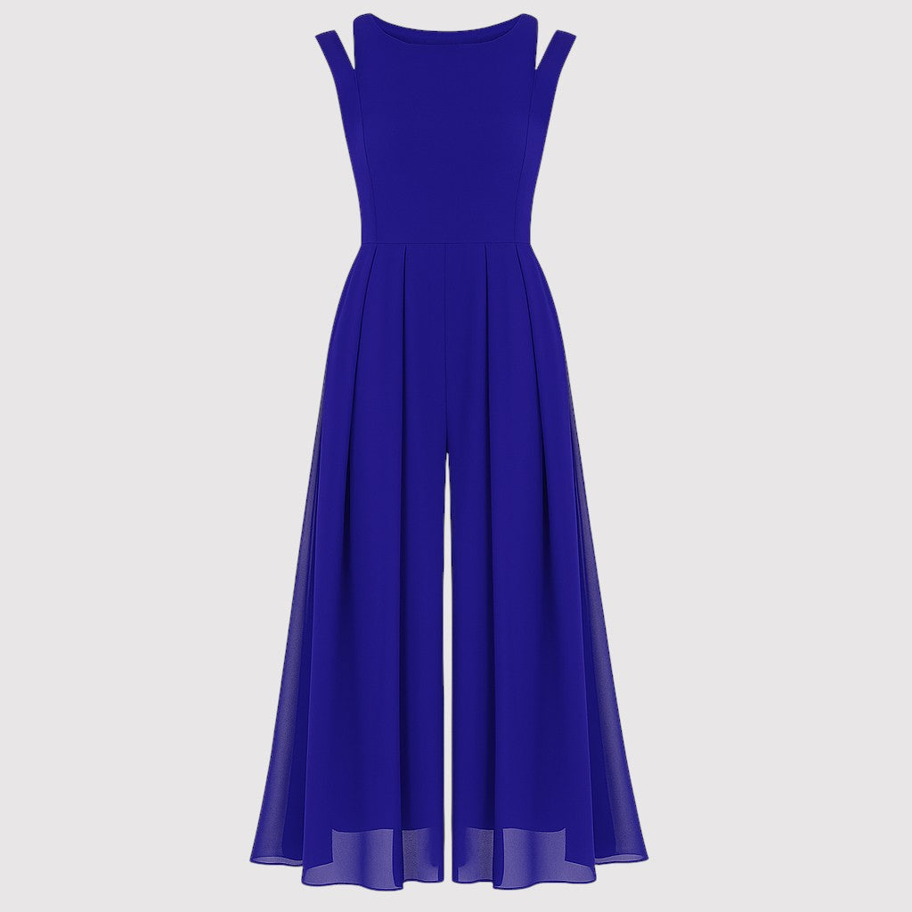 A sleeveless jumpsuit with a fitted bodice, wide shoulder straps, and wide-leg pants featuring a flowing chiffon overlay for an elegant look.