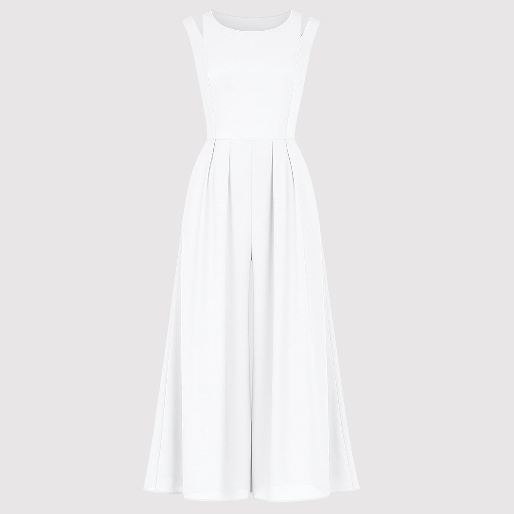 A sleeveless jumpsuit with a fitted bodice, wide shoulder straps, and wide-leg pants featuring a flowing chiffon overlay for an elegant look.