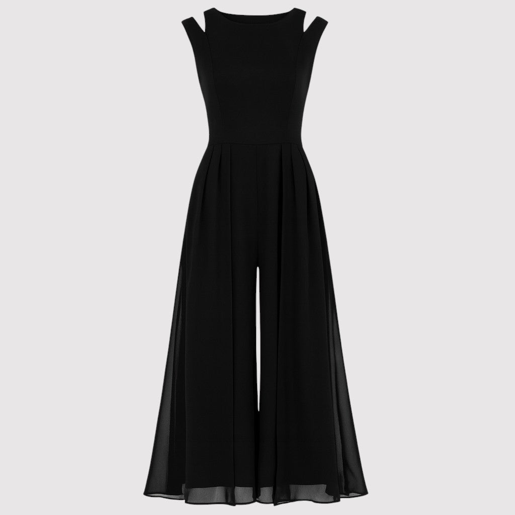 A sleeveless jumpsuit with a fitted bodice, wide shoulder straps, and wide-leg pants featuring a flowing chiffon overlay for an elegant look.